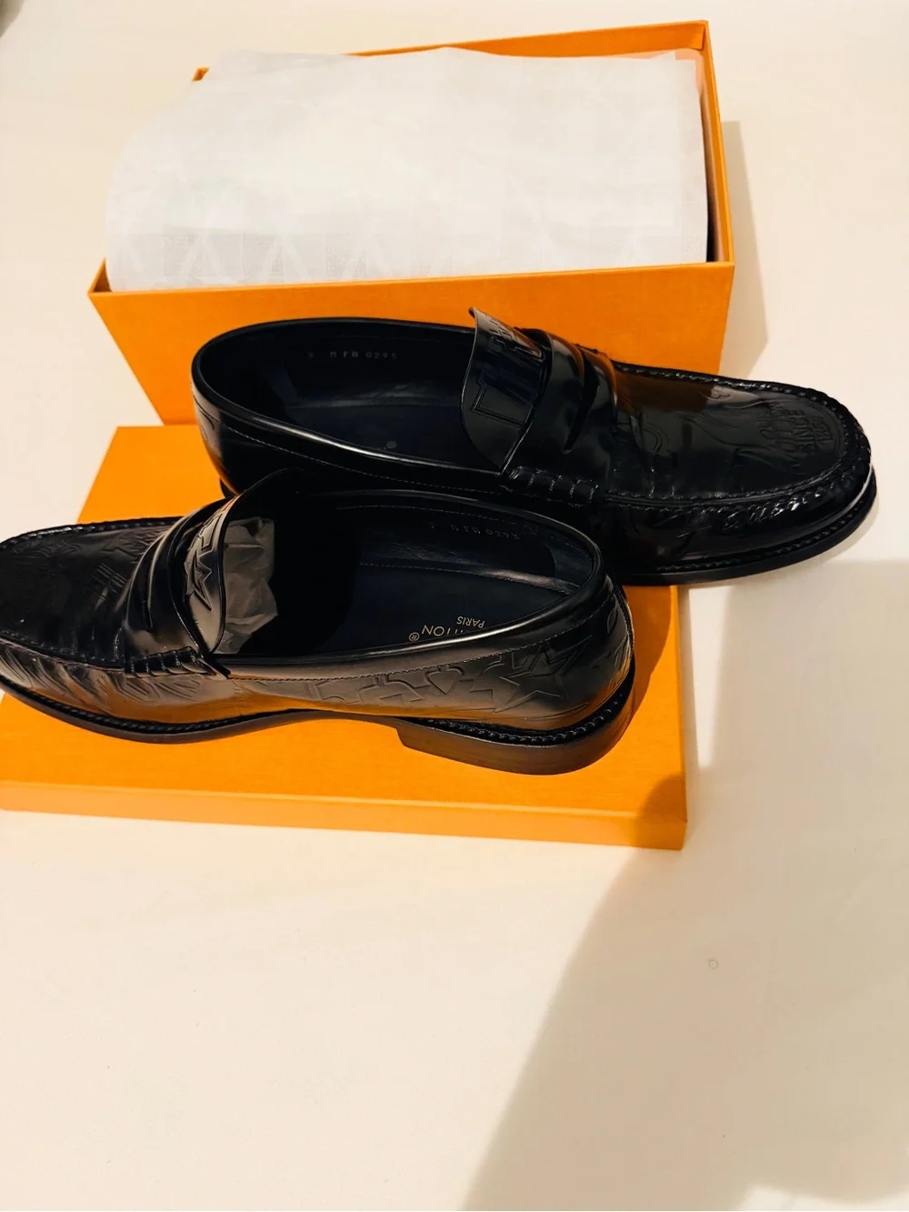 Louis Vuitton Black Embossed Leather Penny Loafers. LIMITED EDITION